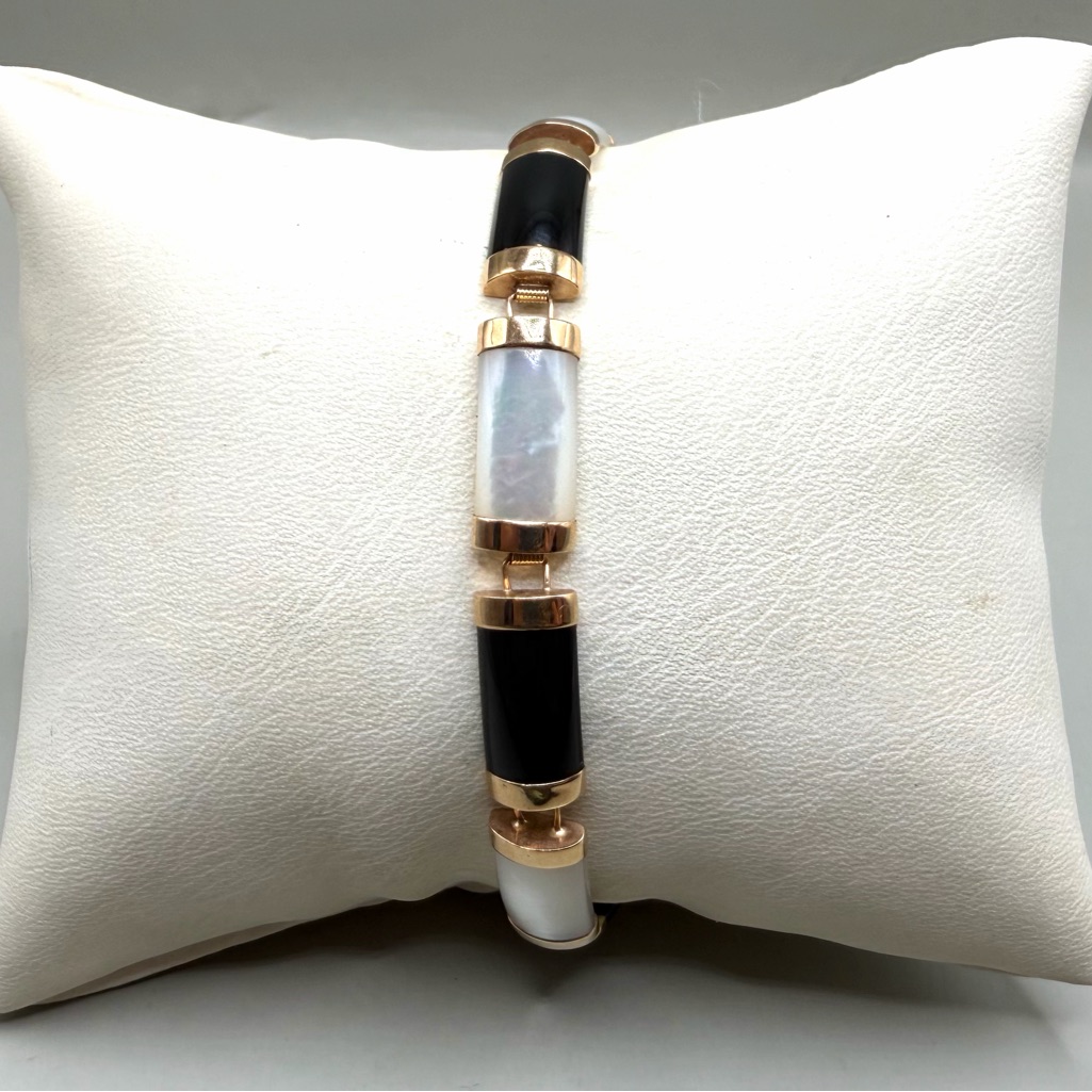 10k Yellow Gold Mother Of Pearl And Onyx Chinese Bracelet